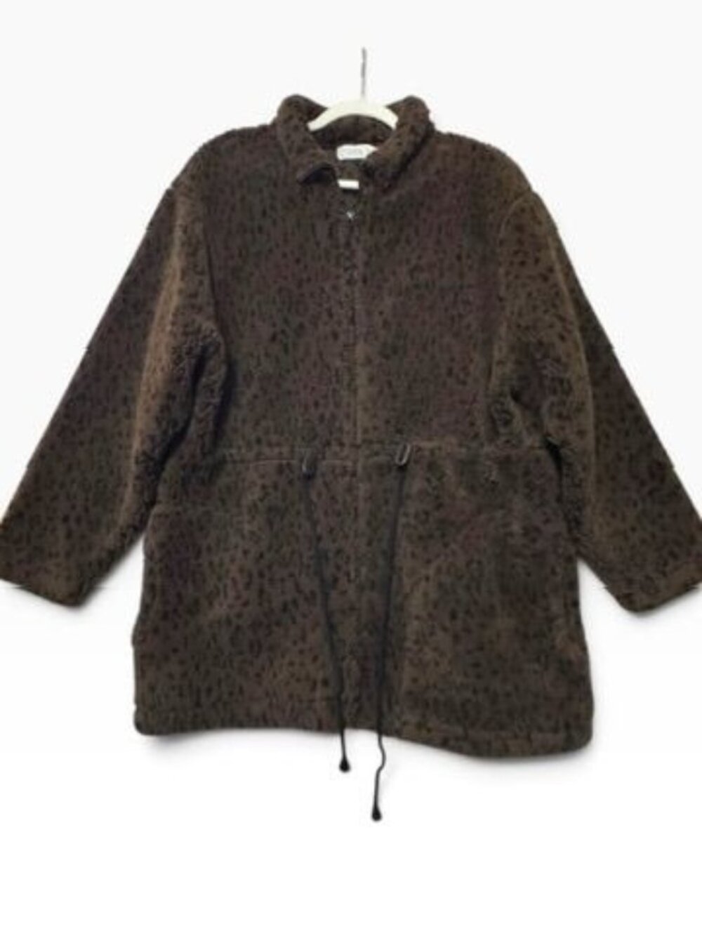 Mandal Bay Fleece Zip-Up Coat Brown Animal Print Hoodless Relaxed Fit Outerwear